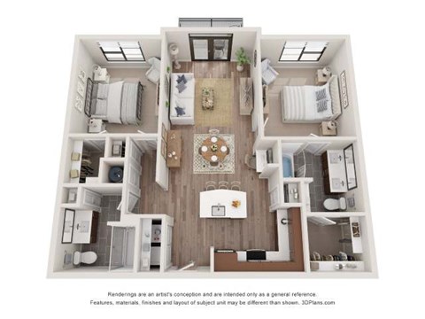 Floor plan for 2 beds, 2 baths, 1063 sqft